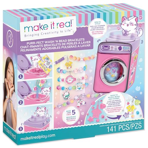 Make It Real: Purr-FECT Wash 'N Bead Armbänder – 141-teilig, DIY-Schmuck-Bastelset, Design-Make 5 Charm-Armbänder, Spin to Style, Perlenreinigung, Kinder ab 8 Jahren von Make It Real