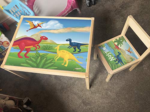 MakeThisMine Personalisierbarer Kindertisch und 1 Stuhl-Aufkleber nur für IKEA LATT Holzname graviert Dinosaurier Dino1 T-Rex Ei gedruckt Spielschreibtisch Set Kinder Mädchen Freunde Jungen Familie von MakeThisMine