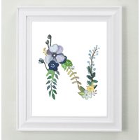 Floraler Buchstabe N Kunstdruck Handgemaltes Kinderzimmer Dekor von Makewells