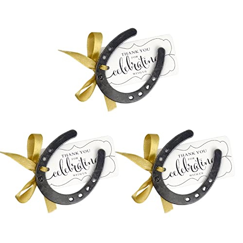 Makhry 24pcs Glückliche Hufeisen Gastgeschenke mit Fench Bänder und Stand für hochzeits deko Hochzeit Hufeisen Baby Dusche Dekoration Scheune Geschenk und Dankeschön Karte (Schwarz) von Makhry