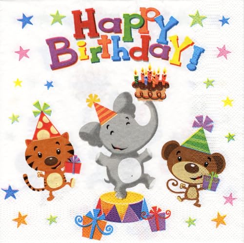 20 Servietten Geburtstag Tiere mit Sternen und Kuchen, lustig, niedlich, Elefant, Maus, Tiger, Kindergeburtstag, Happy Birthday, Decoupage, Tischdeko, 33x33 cm. 20 Servietten Geburtstag Tiere mit Sternen und Kuchen, lustig, niedlich, Elefant, Maus, Tiger, Kindergeburtstag, Happy Birthday, Decoupage, Tischdeko, 33x33 cm. von Maki