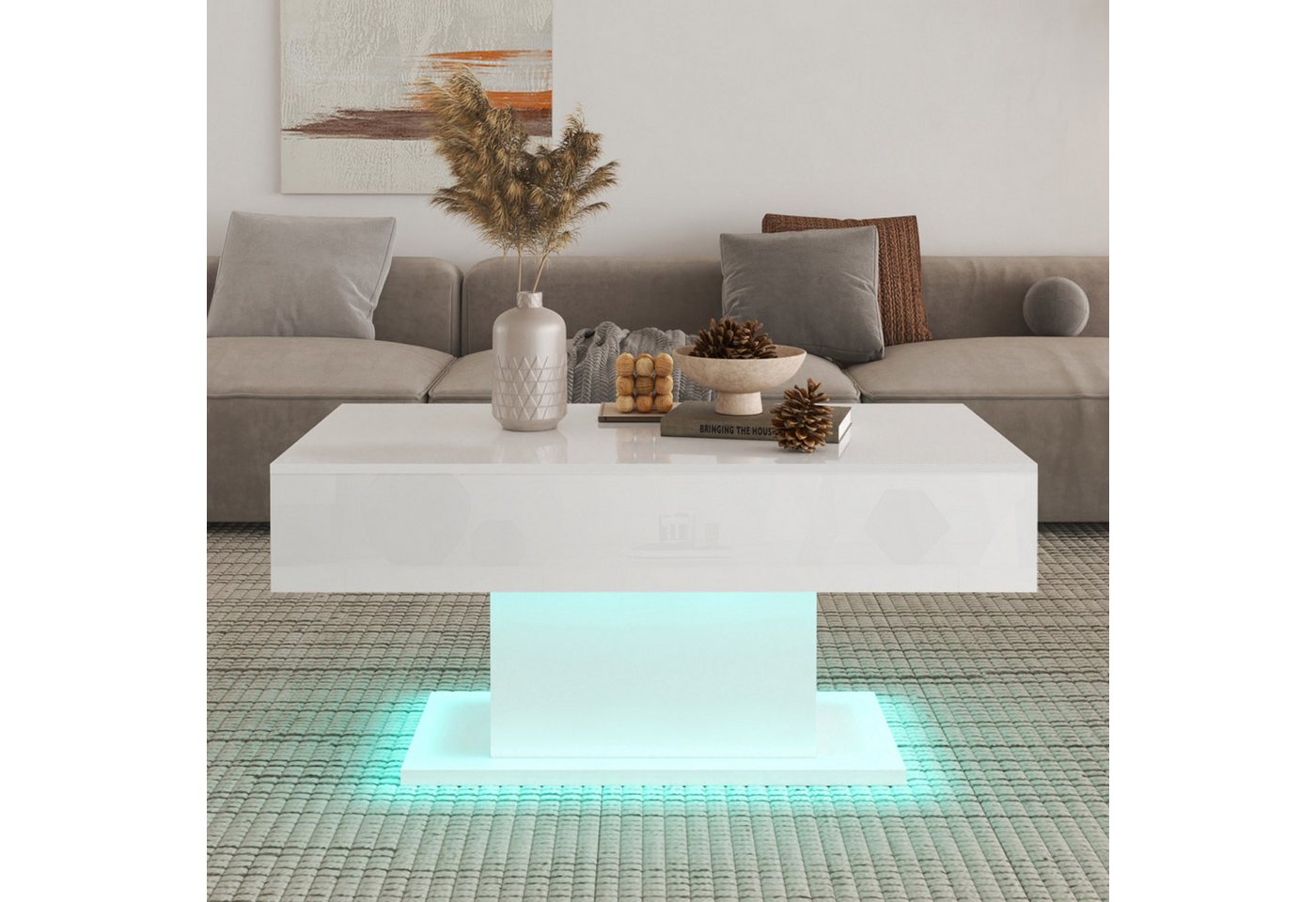 Makika Ablagetisch Couchtisch mit LED Beleuchtung USB aus Holz Hochglanz in Weiß von Makika