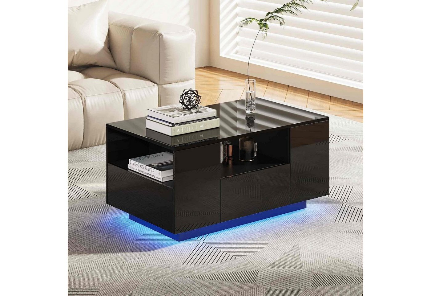 Makika Ablagetisch Design Couchtisch LED mit Schubladen - Schwarz Hochglanz von Makika