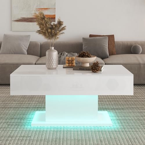 Makika Couchtisch mit LED Beleuchtung Wohnzimmertisch Hochglanz Nachttisch Kaffeetisch Beistelltisch - Sofatisch Fernsehtisch USB 110x55x50cm aus Holz Wohnzimmer Möbel Tisch Kommode Fernseher - Weiß von Makika