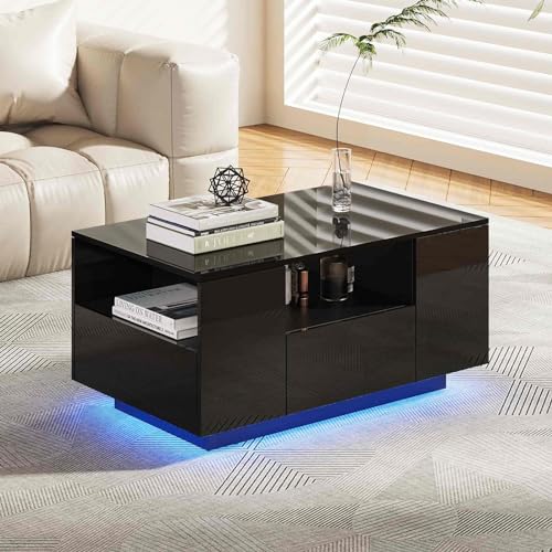 Makika LED Couchtisch Wohnzimmertisch Sofatisch Kaffeetisch Beistelltisch - mit Ablage und Schubladen - Fernsehtisch aus Holz Wohnzimmer Möbel Tisch Kommode Fernseher Design - Schwarz Hochglanz von Makika