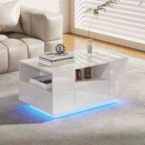 Makika LED Couchtisch Wohnzimmertisch Sofatisch Kaffeetisch Beistelltisch - mit Ablage und Schubladen - Fernsehtisch aus Holz Wohnzimmer Möbel Tisch Kommode Fernseher Design Tisch - Weiß Hochglanz von Makika