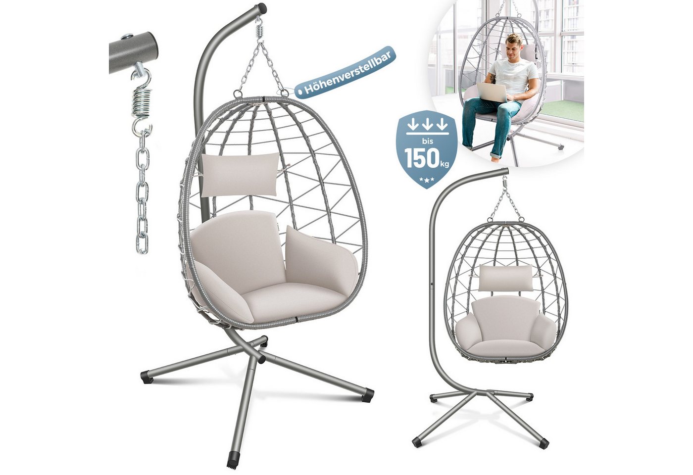 Makika Loungesessel Hängesessel mit Gestell Polyrattan Höhenverstellbar - 150 kg - Silber von Makika