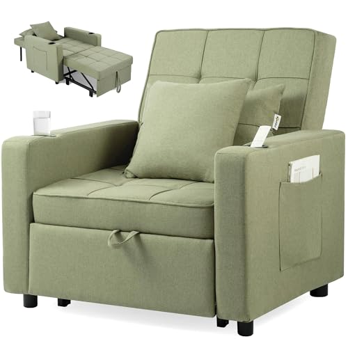 Makika Schlafsessel Schlafsofa Tommy 3in1 - Verstellbare Rückenlehne - inkl. 2 Kissen Getränkehalter Seitentaschen - Bis 150kg - Relaxsessel Schlafstuhl Klappbett Gästebett Wohnzimmer Grün von Makika