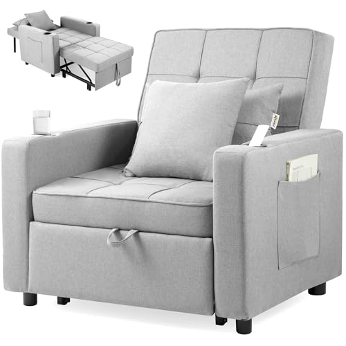 Makika Schlafsessel Schlafsofa Tommy 3in1 - Verstellbare Rückenlehne - inkl. 2 Kissen Getränkehalter Seitentaschen - Bis 150kg - Relaxsessel Schlafstuhl Klappbett Gästebett Wohnzimmer Hellgrau von Makika