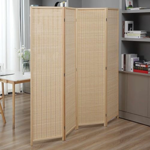 Makika Trennwand/Raumteiler Faltbar aus Bambus - Paravent Umkleide Sichtschutz Spanische Wand - 180 x 180 cm Raumtrenner 4 teilig Leinwand - Natur Hellbraun von Makika