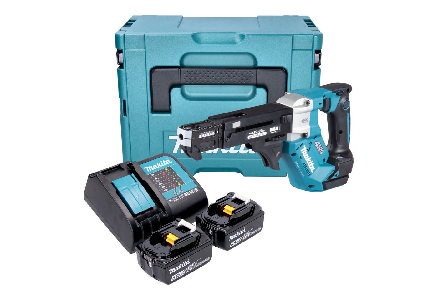 Makita Akku-Magazinschrauber DFR 552 SGJ 18 V 25 - 55 mm + 2x Akku 6,0 Ah + Ladegerät + Makpac von Makita