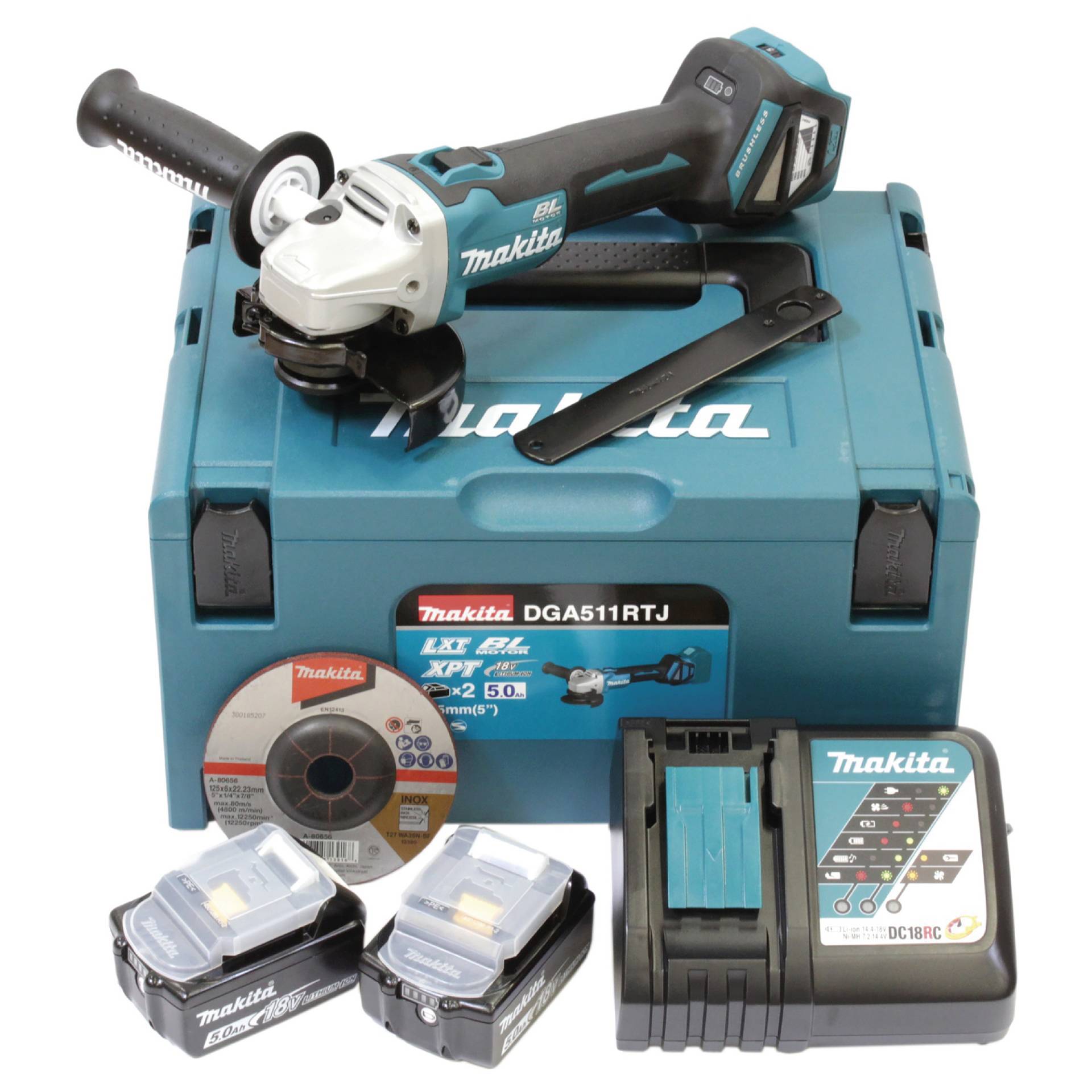 Makita Akku-Winkelschleifer 'DGA511RTJ' mit 2 Akkus, in Transportkoffer, 18 V Makita Akku-Winkelschleifer 'DGA511RTJ' mit 2 Akkus, in Transportkoffer, 18 V von Makita