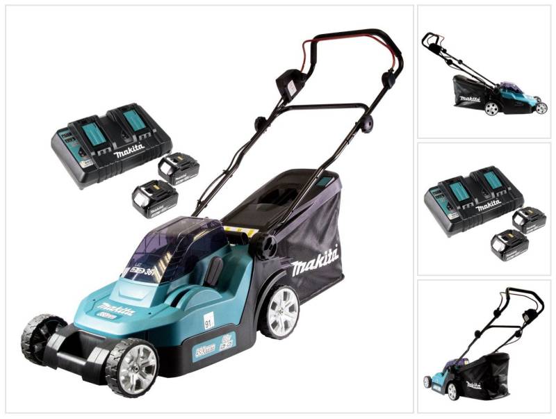 Makita Akkurasenmäher DLM 382 PF2 Akku Rasenmäher 36 V (2x 18 V) 38 cm 40 l + 2x Akku 3,0 von Makita