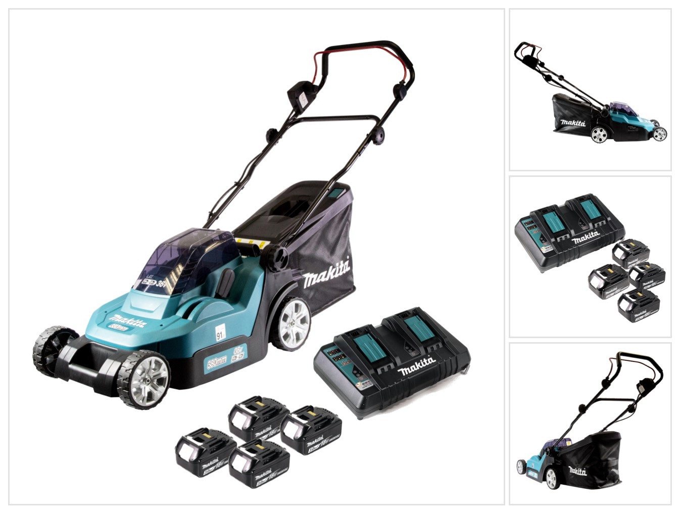 Makita Akkurasenmäher DLM 382 PF4 Akku Rasenmäher 36 V (2x 18 V) 38 cm 40 l + 4x Akku 3,0 von Makita
