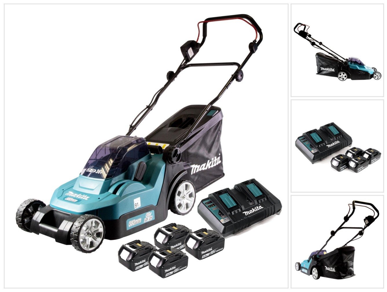 Makita Akkurasenmäher DLM 382 PT4 Akku Rasenmäher 36 V (2x 18 V) 38 cm 40 l + 4x Akku 5,0 von Makita
