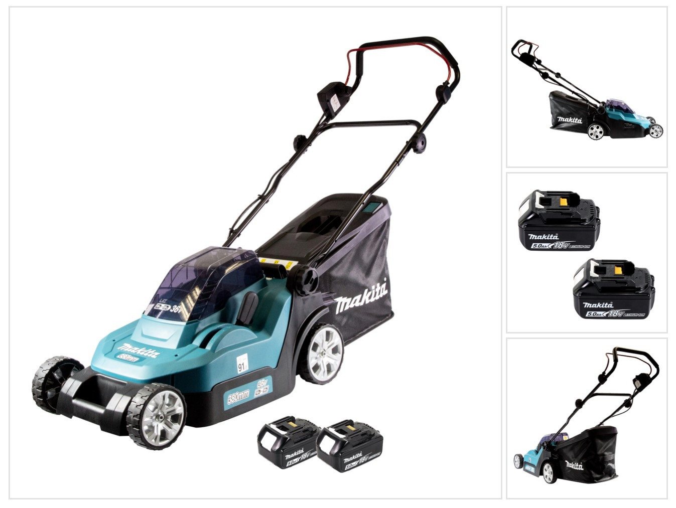 Makita Akkurasenmäher DLM 382 T2 Akku Rasenmäher 36 V (2x 18 V) 38 cm 40 l + 2x Akku 5,0 von Makita