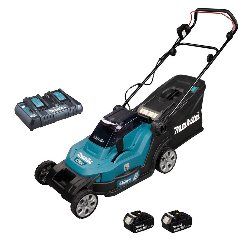Makita Akkurasenmäher DLM432PT2, (mit Doppelladegerät und 2 Akkus), mit Akku und Ladegerät443, 43cm Schnittbreite von Makita