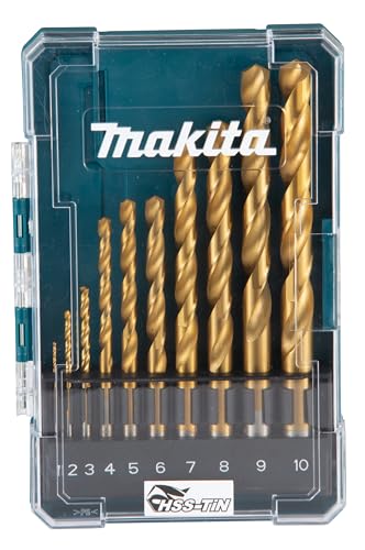 Makita D-72849 HSS-TiN Metallbohrer 10-teilig in Aufbewahrungsbox, Ø 1-10 mm, Titan-Nitrid beschichtet, DIN338, 135° geschliffene Spitze, Rundschaft Makita D-72849 HSS-TiN Metallbohrer 10-teilig in Aufbewahrungsbox, Ø 1-10 mm, Titan-Nitrid beschichtet, DIN338, 135° geschliffene Spitze, Rundschaft von Makita