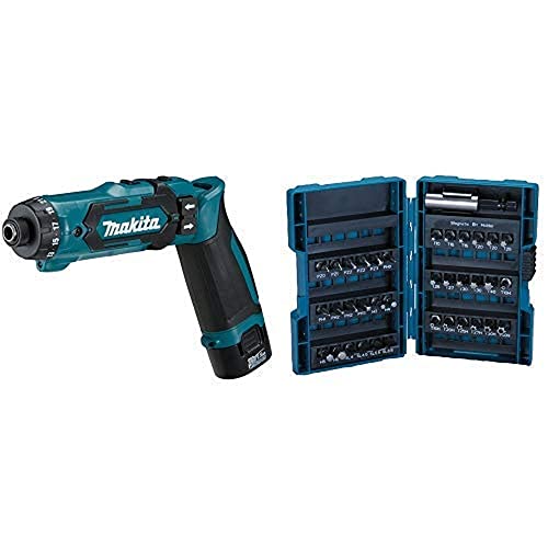 Makita DF012DSE Akku-Knickschrauber (7,2 V, Akkus/Ladegerät im Transportkoffer, 30 W, 7,2 V) schwarz/blau + Makita B-28606 Bit-Set (37tlg) von Makita