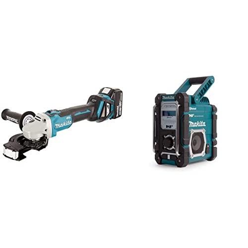 Makita DGA511RTJ Akku-Winkelschleifer 18 V / 5,0 Ah, 2 Akkus + Ladegerät im MAKPAC & DMR112 Akku-Baustellenradio 7,2 V - 18 V mit DAB+ und Bluetooth (ohne Akku, ohne Ladegerät), türkis von Makita