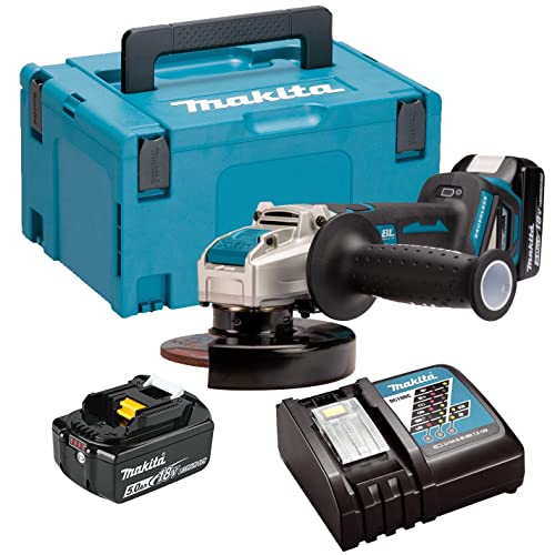 Makita DGA519RTJ Akku-Winkelschleifer 18 V / 5,0 Ah, 2 Akkus + Ladegerät im MAKPAC, Blau,schwarz,silber von Makita