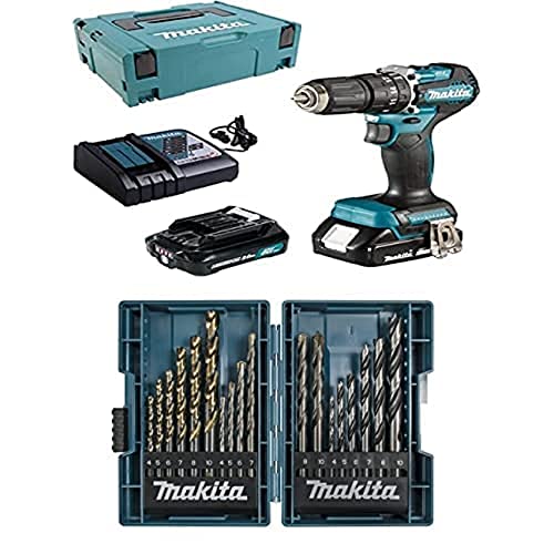 Makita DHP487RAJ Akku-Schlagbohrschrauber 18V / 2,0 Ah, 2 Akkus + Ladegerät im MAKPAC + Bohrer-Set 18tlg von Makita