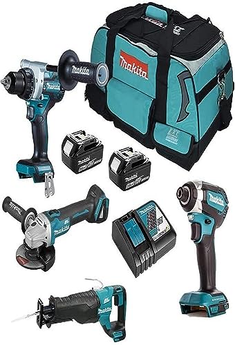 Makita DLX4157TX1 Akku-Kombo-Kit 18V (DDF486+DTD153+DGA504+DJR187) / 5,0 Ah, 2 Akkus + Ladegerät in Transporttasche, Petrol/Schwarz von Makita