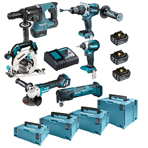 Makita DLX6085TJ Akku-Kombo-Kit 18V (DHR243+DHP481+DTD153+DHS680+DGA513+DTM51) / 5,0 Ah, 3 Akkus + Ladegerät + 4x MAKPAC von Makita