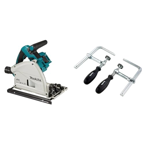 Makita DSP601ZJU Akku-Tauchsäge 56mm 2x18 V mit Bluetooth (ohne Akku, ohne Ladegerät) im MAKPAC & 194385-5 Schraubzwinge 1 Paar (2 Stück), Silber, 5 x 160 mm von Makita