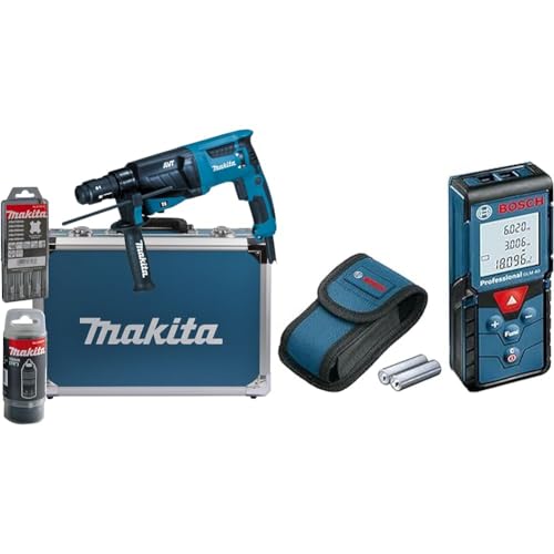 Makita HR2631FT13 Kombihammer für SDS-PLUS 26 mm im Alukoffer & Bosch Professional Laser Entfernungsmesser GLM 40 (Flächen-/Volumenberechnung, max. Messbereich: 40 m, 2x 1,5-V Batterien, Schutztasche) von Makita