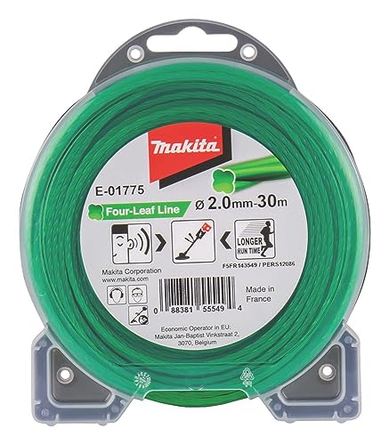 Makita E-01775 Mähfaden Four-Leaf 2,0 mm x 30 m, Trimmerfaden, Nylon, grün, geräuschreduziert, erhöhte Laufzeit, speziell für Akku-Rasentrimmer und Akku-Freischneider Makita E-01775 Mähfaden Four-Leaf 2,0 mm x 30 m, Trimmerfaden, Nylon, grün, geräuschreduziert, erhöhte Laufzeit, speziell für Akku-Rasentrimmer und Akku-Freischneider von Makita