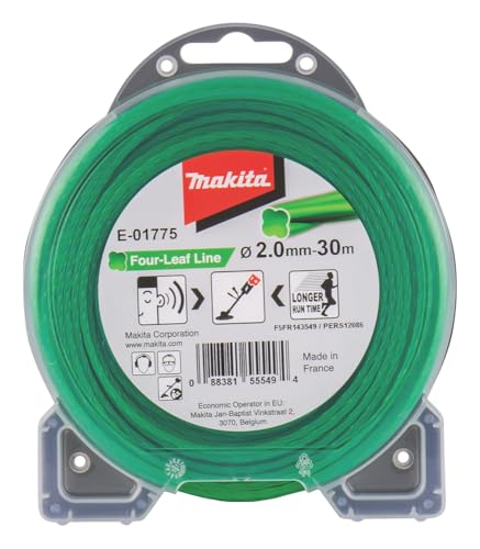 Makita E-01775 Mähfaden Four-Leaf 2,0 mm x 30 m, Trimmerfaden, Nylon, grün, geräuschreduziert, erhöhte Laufzeit, speziell für Akku-Rasentrimmer und Akku-Freischneider Makita E-01775 Mähfaden Four-Leaf 2,0 mm x 30 m, Trimmerfaden, Nylon, grün, geräuschreduziert, erhöhte Laufzeit, speziell für Akku-Rasentrimmer und Akku-Freischneider von Makita