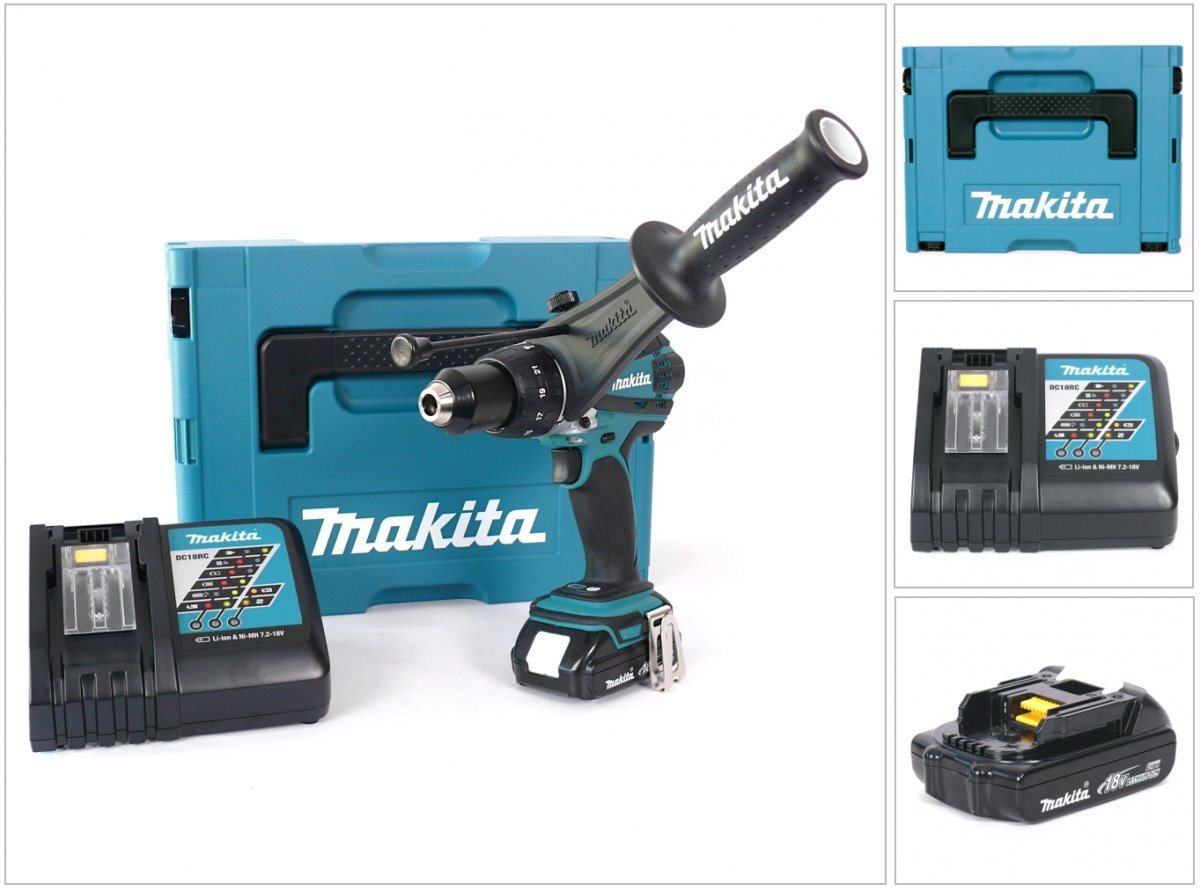 Makita Schlagbohrmaschine DHP 458 Y1J-D Akku Schlagbohrschrauber 18V 91Nm im Makpac + 1x 1,5Ah von Makita