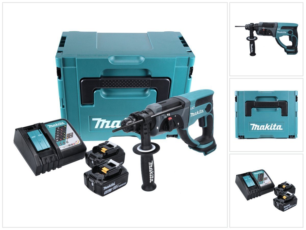 Makita Schlagbohrmaschine DHR 202 RTJ Akku Kombihammer 18 V 2,0 J SDS Plus + 2x Akku 5,0 Ah + L von Makita