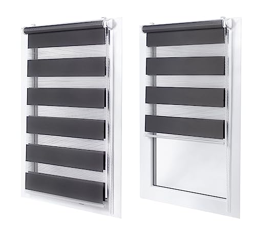 Doppelrollo ohne Bohren – Sichtschutz und Sonnenschutz, Klemmfix – Dunkelgrau, 30 cm breit (Stoffbreite) x 120 cm hoch (Fensterhöhe) – Duo Rollo für Fenster/Tür, lichtdurchlässig/verdunkelnd von MakoStyl