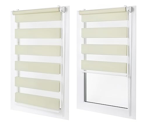 Doppelrollo ohne Bohren – Sichtschutz und Sonnenschutz, Klemmfix – Ecru, 110 cm breit (Stoffbreite) x 120 cm hoch (Fensterhöhe) – Duo Rollo für Fenster/Tür, lichtdurchlässig/verdunkelnd von MakoStyl