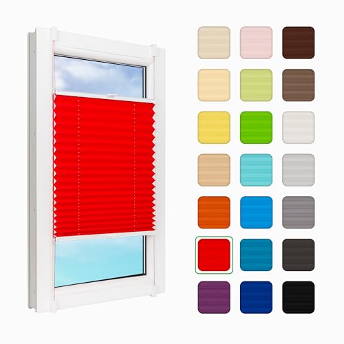 MakoStyl Fenster Plissee Innen ohne Bohren - B 90 H 110 cm Klemmfix Rot Plisee - 100 g/m2 Plissees Faltrollos - 50% Verdunkelung Blissett Rollo - Blickdicht Klemmplisseeses von MakoStyl