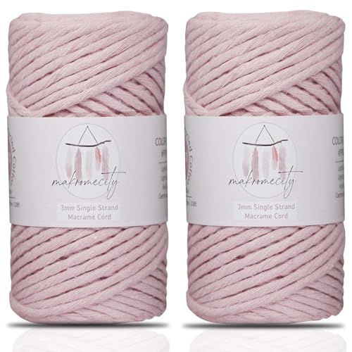 Makromecity, 2 Knäuel einsträngige Makramee-Schnur, 3 mm x 109 Yards (100 m) Makramee-Schnur 3 mm gedrehtes Makramee-Garn, Makramee-Schnur für Makramee-Federn, recyceltes Baumwollkordelgarn (Babyrosa, von Makromecity