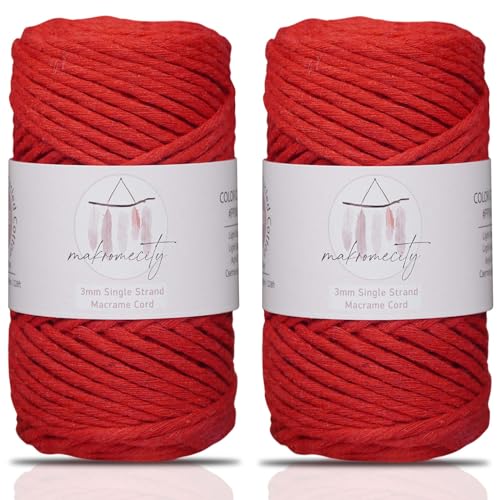 Makromecity, 2 Stränge Makramee Schnur 3mm x 109Yards (322ft) Makramee Schnur 3mm gedrehtes Makramee Garn, Makramee Schnur für Makramee Federn, Recyceltes Baumwollkordel Garn (Rot, 2 Knäuel) von Makromecity
