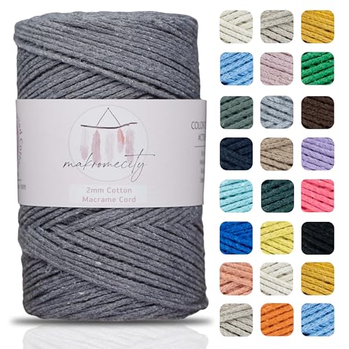 Makromecity, Baumwolle Makramee Garn 2mm x 180m Dunkelgrau Recycelte Baumwolle zum Häkeln Cotton Macrame Cord für Handwerk Wohndekorationen Platzteller Umhängetasche Häkeltaschen Runner von Makromecity