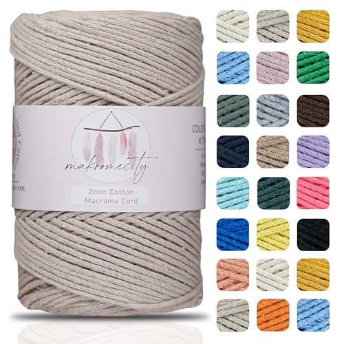 Makromecity, Baumwolle Makramee Garn 2mm x 180m Latte Recycelte Baumwolle zum Häkeln Cotton Macrame Cord für Handwerk Wohndekorationen Platzteller Umhängetasche Häkeltaschen Runner von Makromecity