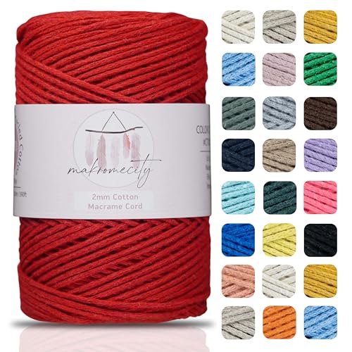 Makromecity, Baumwolle Makramee Garn 2mm x 180m Rot Recycelte Baumwolle zum Häkeln Cotton Macrame Cord für Handwerk Wohndekorationen Platzteller Umhängetasche Häkeltaschen Runner von Makromecity