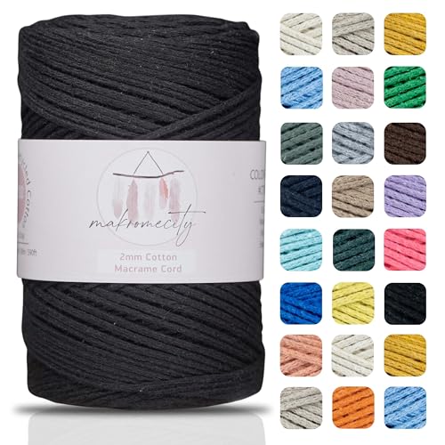 Makromecity, Baumwolle Makramee Garn 2mm x 180m Schwarz Recycelte Baumwolle zum Häkeln Cotton Macrame Cord für Handwerk Wohndekorationen Platzteller Umhängetasche Häkeltaschen Runner von Makromecity