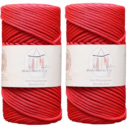 Makromecity 2 Strang Makramee Garn 3mm x 120m Rot Premium Polyester Makramee Schnur Polypropylene Basteln für Wandbehänge Umhängetasche Handtasche Runner Schnullerkette Platzteller von Makromecity