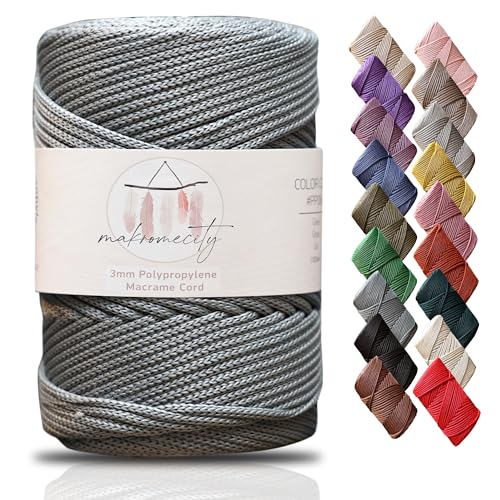 Makromecity Makramee Garn 3mm x 120m Grau Premium Polyester Makramee Schnur Polypropylene Yarn Basteln für Wandbehänge Umhängetasche Handtasche Runner Schnullerkette Platzteller von Makromecity