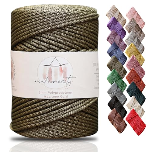 Makromecity Makramee Garn 3mm x 120m Olivgrün Premium Polyester Makramee Schnur Polypropylene Yarn Basteln für Wandbehänge Umhängetasche Handtasche Runner Schnullerkette Platzteller von Makromecity