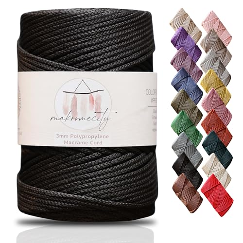 Makromecity Makramee Garn 3mm x 120m Schwarz Premium Polyester Makramee Schnur Polypropylene Yarn Basteln für Wandbehänge Umhängetasche Handtasche Runner Schnullerkette Platzteller von Makromecity
