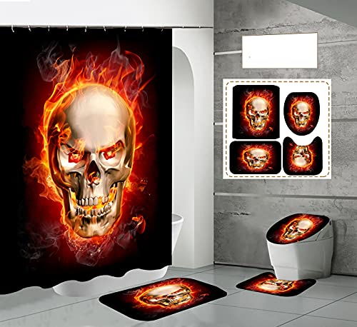 Halloween Totenkopf Duschvorhang, 3D Scary Skull Totenkopf Muster rutschfeste Badematte, für Badvorhang Badezimmer Home Decor (I,180 x 180 cm) von Maktn