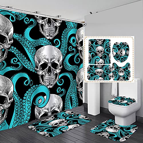 Maktn Halloween Duschvorhang Set, Totenkopf-Duschvorhang, Halloween-Dekoration mit Totenkopf und roter Rose, Polyester-Stoff, Anti-Rutsch-Dusche Teppich Wasserdichtes mit (B,180 x 180 cm) von Maktn