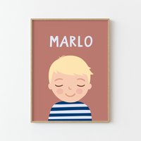 Personalisiertes Porträt Junge Mit Blonden Haaren | 30x40 50x70 Braun Blau Illustration Poster Für Kinder Wanddekor Kinderzimmer von MalaMarla